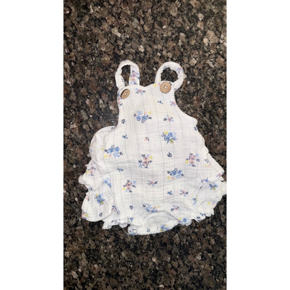Emily and Oliver Baby Girls Floral Muslin Ruffle Romper White Blue 0-3 Months